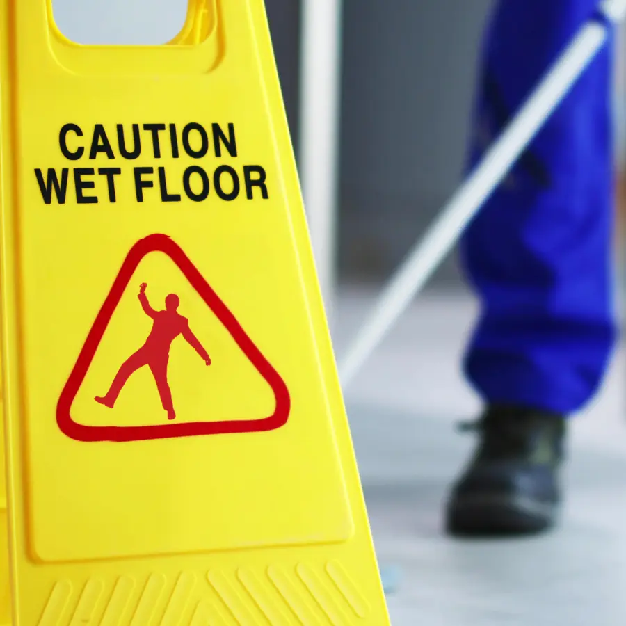 Mansfield School Cleaning - Wet Floor Sign after floor cleaning | 360 Commercial Cleaning Ltd